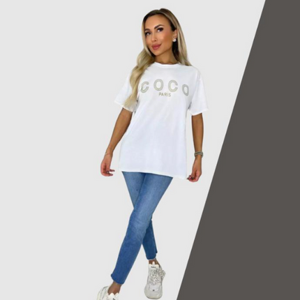 Ladies short sleeve COCO print Oversized Tee shirt top