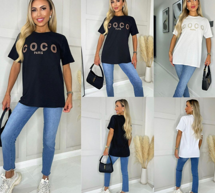 Ladies short sleeve COCO print Oversized Tee shirt top