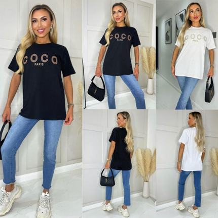 Ladies short sleeve COCO print Oversized Tee shirt top