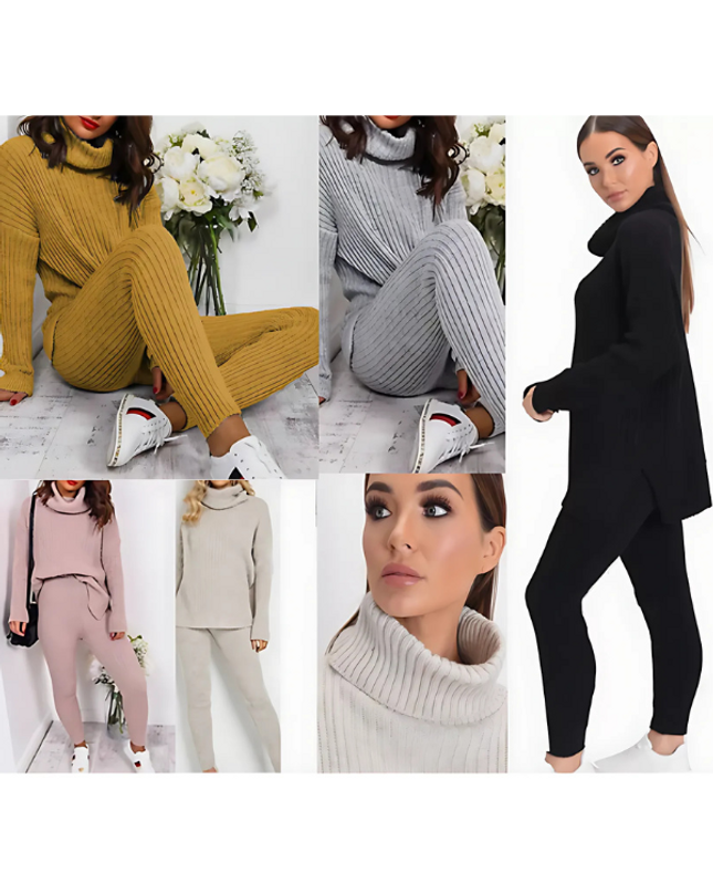 Ladies Chunky Knit Polo Loungewear Set + Ribbed Leggings Cozy 2PC Outfit