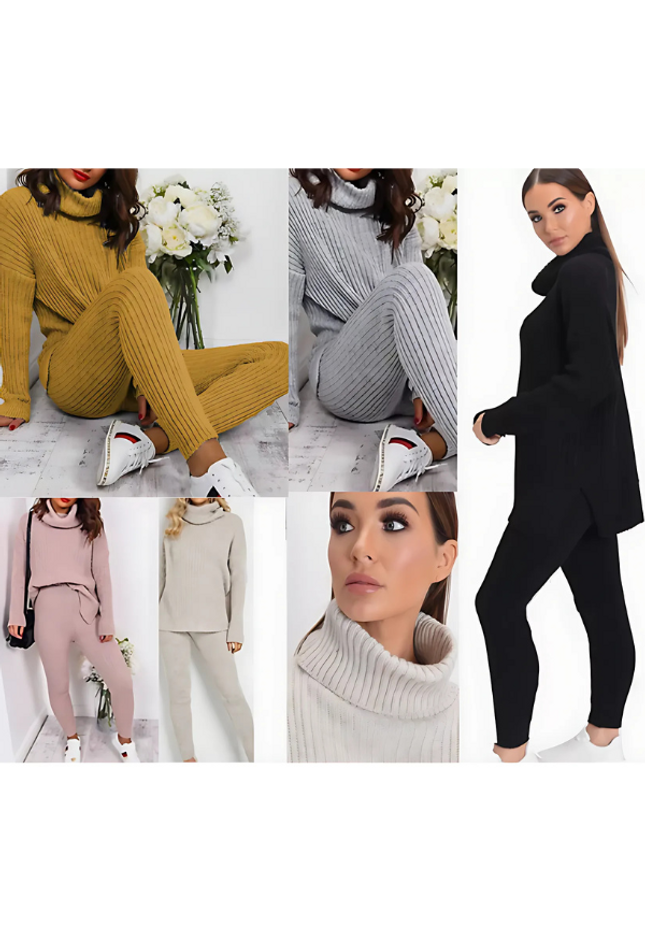 Ladies Chunky Knit Polo Loungewear Set + Ribbed Leggings Cozy 2PC Outfit