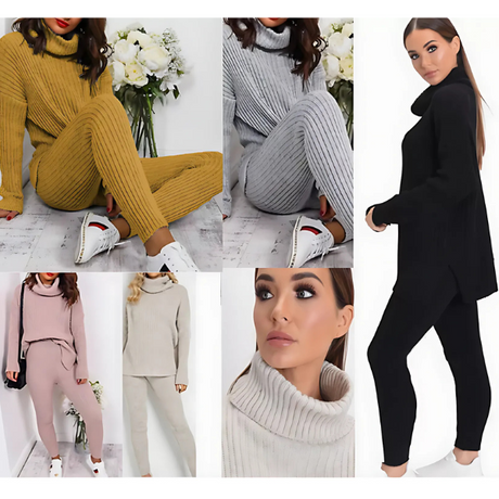 Ladies Chunky Knit Polo Loungewear Set + Ribbed Leggings Cozy 2PC Outfit