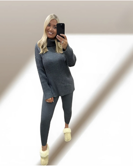 Ladies Chunky Knit Polo Loungewear Set + Ribbed Leggings Cozy 2PC Outfit