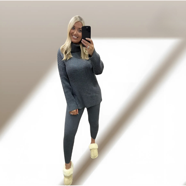 Ladies Chunky Knit Polo Loungewear Set + Ribbed Leggings Cozy 2PC Outfit