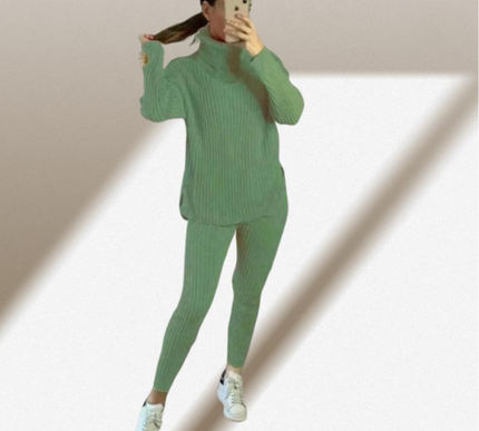 Ladies Chunky Knit Polo Loungewear Set + Ribbed Leggings Cozy 2PC Outfit