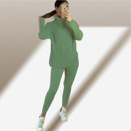 Ladies Chunky Knit Polo Loungewear Set + Ribbed Leggings Cozy 2PC Outfit