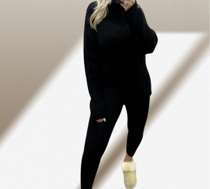 Ladies Chunky Knit Polo Loungewear Set + Ribbed Leggings Cozy 2PC Outfit