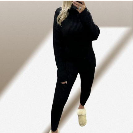 Ladies Chunky Knit Polo Loungewear Set + Ribbed Leggings Cozy 2PC Outfit