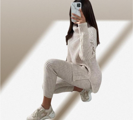 Ladies Chunky Knit Polo Loungewear Set + Ribbed Leggings Cozy 2PC Outfit