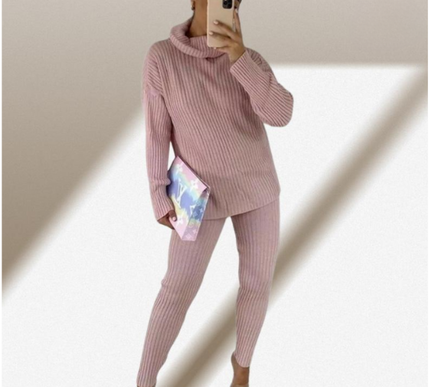 Ladies Chunky Knit Polo Loungewear Set + Ribbed Leggings Cozy 2PC Outfit