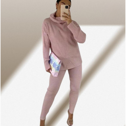 Ladies Chunky Knit Polo Loungewear Set + Ribbed Leggings Cozy 2PC Outfit
