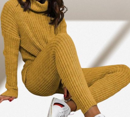 Ladies Chunky Knit Polo Loungewear Set + Ribbed Leggings Cozy 2PC Outfit