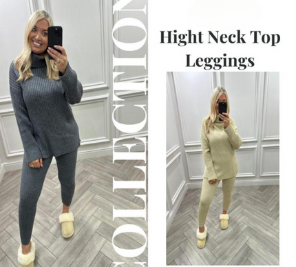 Ladies Chunky Knit Polo Loungewear Set + Ribbed Leggings Cozy 2PC Outfit