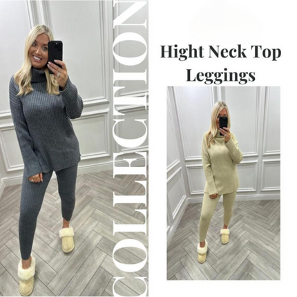 Ladies Chunky Knit Polo Loungewear Set + Ribbed Leggings Cozy 2PC Outfit