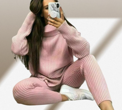 Ladies Chunky Knit Polo Loungewear Set + Ribbed Leggings Cozy 2PC Outfit