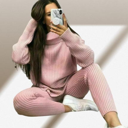 Ladies Chunky Knit Polo Loungewear Set + Ribbed Leggings Cozy 2PC Outfit