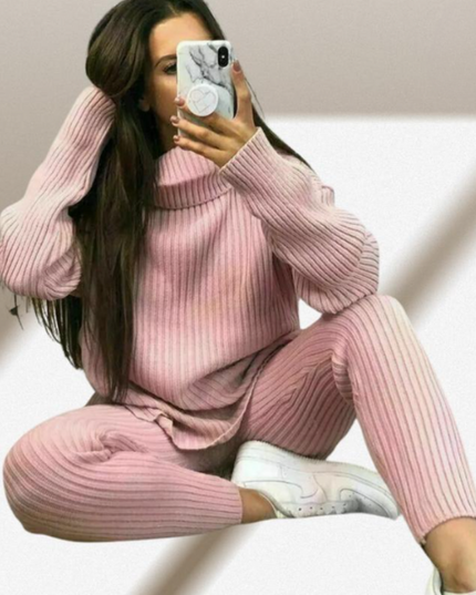 Ladies Chunky Knit Polo Loungewear Set + Ribbed Leggings Cozy 2PC Outfit