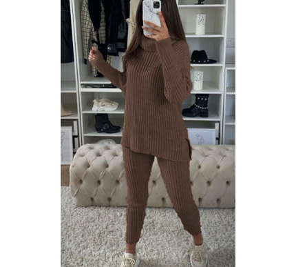 Ladies Chunky Knit Polo Loungewear Set + Ribbed Leggings Cozy 2PC Outfit