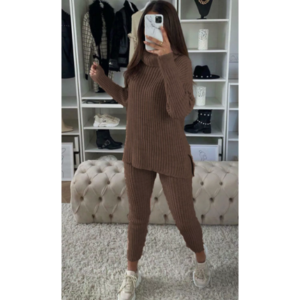 Ladies Chunky Knit Polo Loungewear Set + Ribbed Leggings Cozy 2PC Outfit