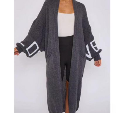 Long Sleeve Love Print Cardigan for Women | Balloon Sleeve Knitted Jumper Top | Soft Acrylic Material | Oversized Cardigan Knitwear Women's wear