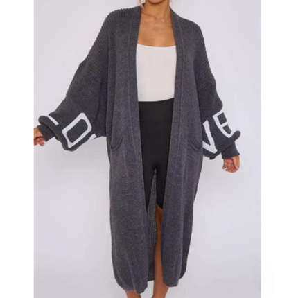 Long Sleeve Love Print Cardigan for Women | Balloon Sleeve Knitted Jumper Top | Soft Acrylic Material | Oversized Cardigan Knitwear Women's wear