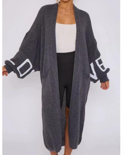 Long Sleeve Love Print Cardigan for Women | Balloon Sleeve Knitted Jumper Top | Soft Acrylic Material | Oversized Cardigan Knitwear Women's wear
