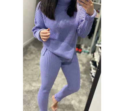 Ladies Chunky Knit Polo Loungewear Set + Ribbed Leggings Cozy 2PC Outfit