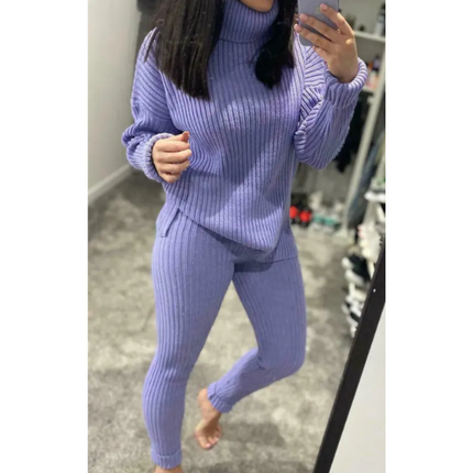 Ladies Chunky Knit Polo Loungewear Set + Ribbed Leggings Cozy 2PC Outfit