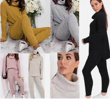 Ladies Chunky Knit Polo Loungewear Set + Ribbed Leggings Cozy 2PC Outfit