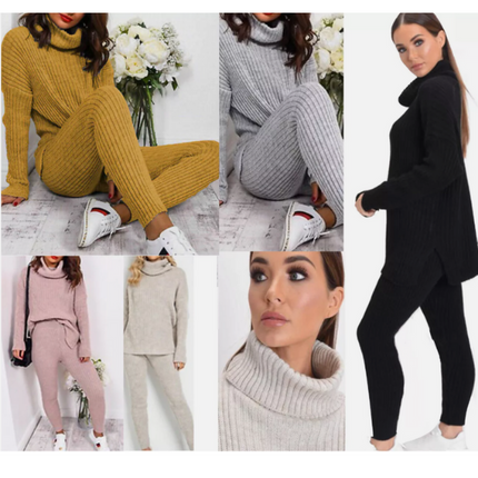 Ladies Chunky Knit Polo Loungewear Set + Ribbed Leggings Cozy 2PC Outfit