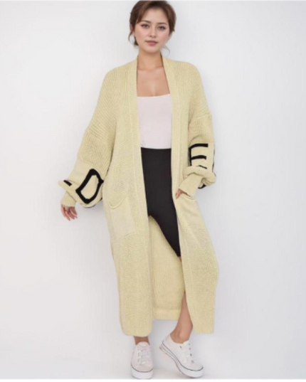 Long Sleeve Love Print Cardigan for Women | Balloon Sleeve Knitted Jumper Top | Soft Acrylic Material | Oversized Cardigan Knitwear Women's wear