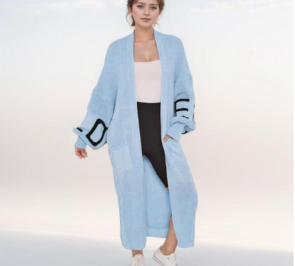 Long Sleeve Love Print Cardigan for Women | Balloon Sleeve Knitted Jumper Top | Soft Acrylic Material | Oversized Cardigan Knitwear Women's wear