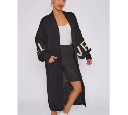 Long Sleeve Love Print Cardigan for Women | Balloon Sleeve Knitted Jumper Top | Soft Acrylic Material | Oversized Cardigan Knitwear Women's wear