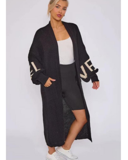 Long Sleeve Love Print Cardigan for Women | Balloon Sleeve Knitted Jumper Top | Soft Acrylic Material | Oversized Cardigan Knitwear Women's wear