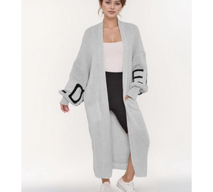 Long Sleeve Love Print Cardigan for Women | Balloon Sleeve Knitted Jumper Top | Soft Acrylic Material | Oversized Cardigan Knitwear Women's wear