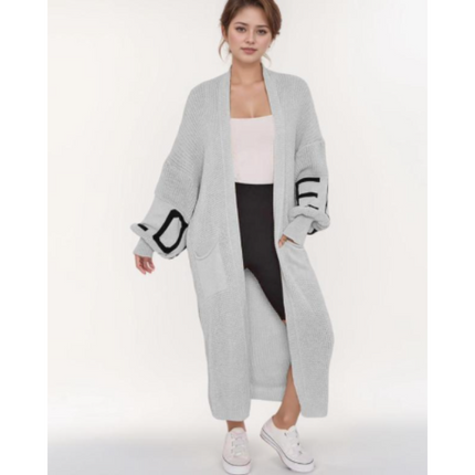 Long Sleeve Love Print Cardigan for Women | Balloon Sleeve Knitted Jumper Top | Soft Acrylic Material | Oversized Cardigan Knitwear Women's wear