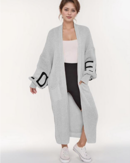 Long Sleeve Love Print Cardigan for Women | Balloon Sleeve Knitted Jumper Top | Soft Acrylic Material | Oversized Cardigan Knitwear Women's wear