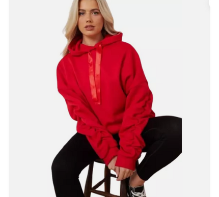 Women’s Ruched Sleeve Silk Ribbon Hoodie Fashion | Oversized Fleece Sweatshirt | Stretchy All-Season Fit