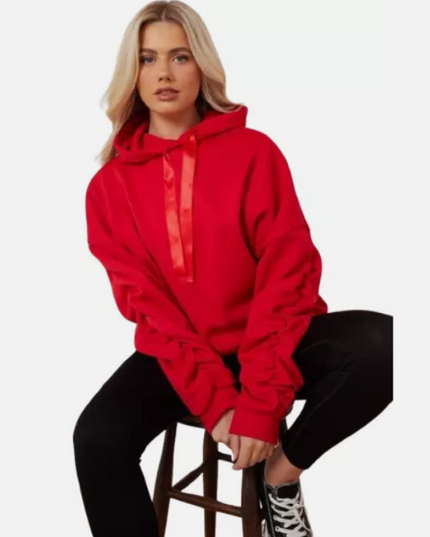 Women’s Ruched Sleeve Silk Ribbon Hoodie Fashion | Oversized Fleece Sweatshirt | Stretchy All-Season Fit
