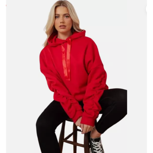 Women’s Ruched Sleeve Silk Ribbon Hoodie Fashion | Oversized Fleece Sweatshirt | Stretchy All-Season Fit