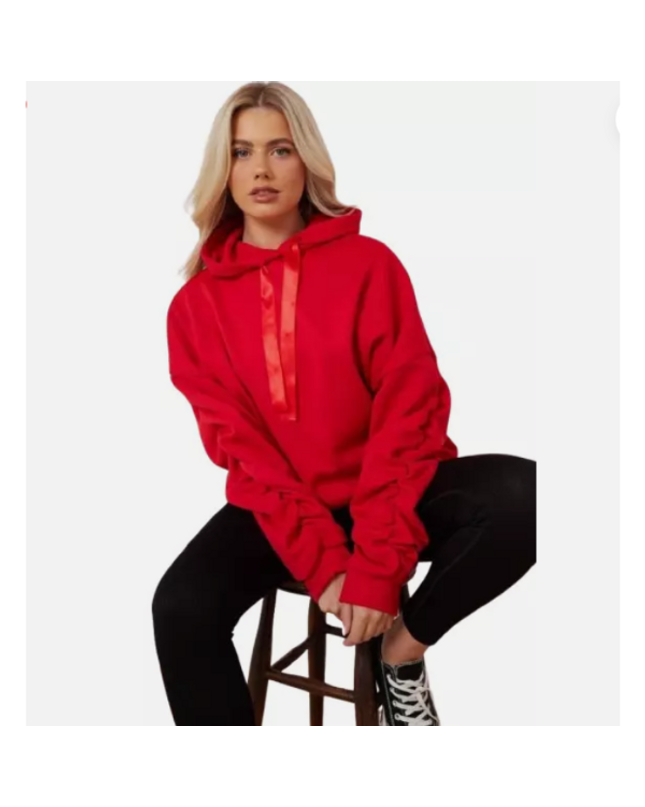 Women’s Ruched Sleeve Silk Ribbon Hoodie Fashion | Oversized Fleece Sweatshirt | Stretchy All-Season Fit