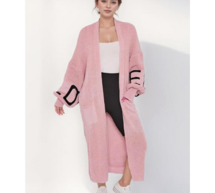 Long Sleeve Love Print Cardigan for Women | Balloon Sleeve Knitted Jumper Top | Soft Acrylic Material | Oversized Cardigan Knitwear Women's wear