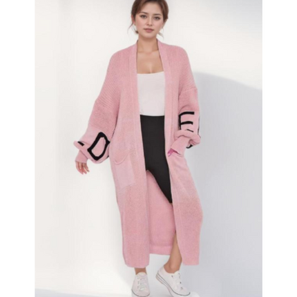 Long Sleeve Love Print Cardigan for Women | Balloon Sleeve Knitted Jumper Top | Soft Acrylic Material | Oversized Cardigan Knitwear Women's wear