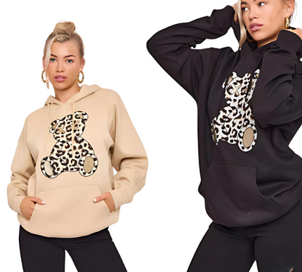 Women's Oversized Leopard Print Hoodie Dress with Teddy Graphic | Long Sleeve Baggy Sweatshirt Jumper for Streetwear & Loungewear |
