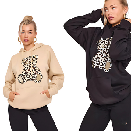 Women's Oversized Leopard Print Hoodie Dress with Teddy Graphic | Long Sleeve Baggy Sweatshirt Jumper for Streetwear & Loungewear |