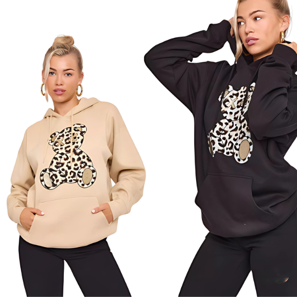 Women's Oversized Leopard Print Hoodie Dress with Teddy Graphic | Long Sleeve Baggy Sweatshirt Jumper for Streetwear & Loungewear |