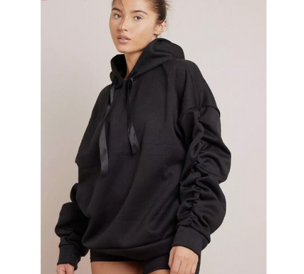 Women’s Ruched Sleeve Silk Ribbon Hoodie Fashion | Oversized Fleece Sweatshirt | Stretchy All-Season Fit