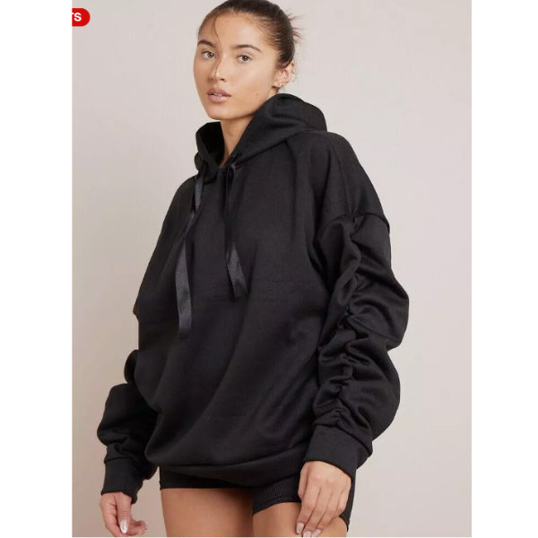 Women’s Ruched Sleeve Silk Ribbon Hoodie Fashion | Oversized Fleece Sweatshirt | Stretchy All-Season Fit