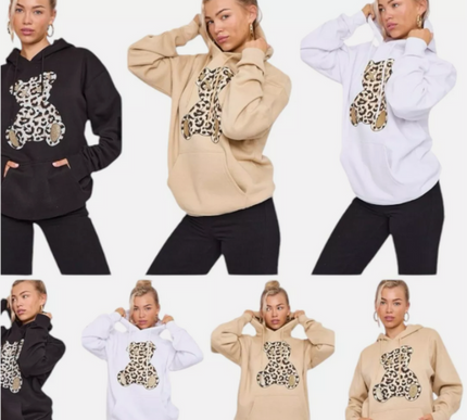 Women's Oversized Leopard Print Hoodie Dress with Teddy Graphic | Long Sleeve Baggy Sweatshirt Jumper for Streetwear & Loungewear |