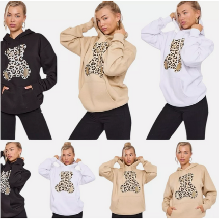 Women's Oversized Leopard Print Hoodie Dress with Teddy Graphic | Long Sleeve Baggy Sweatshirt Jumper for Streetwear & Loungewear |